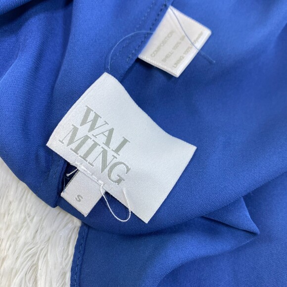 Wai Ming 100% Silk Blue Lattice Detailed Long Sleeve Dress Missing Belt Small - Picture 3 of 9